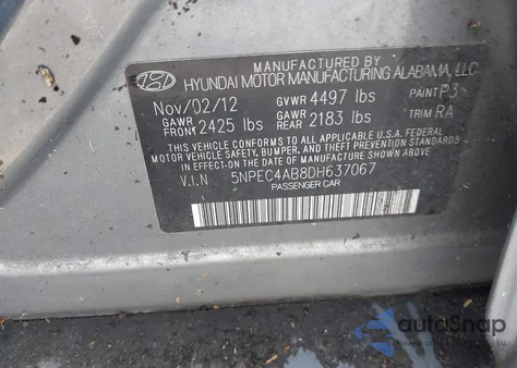 2013 Hyundai Sonata Limited 2.0T from USA, damaged, VIN 5NPEC4AB8DH637067